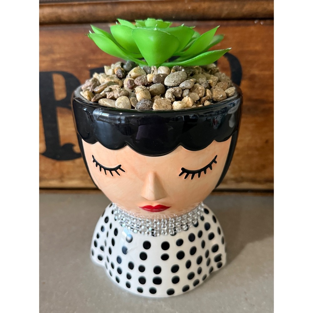 Ceramic Lady Head Planter Faux Succulent Rhinestone Polka Dot Black White Red 8"